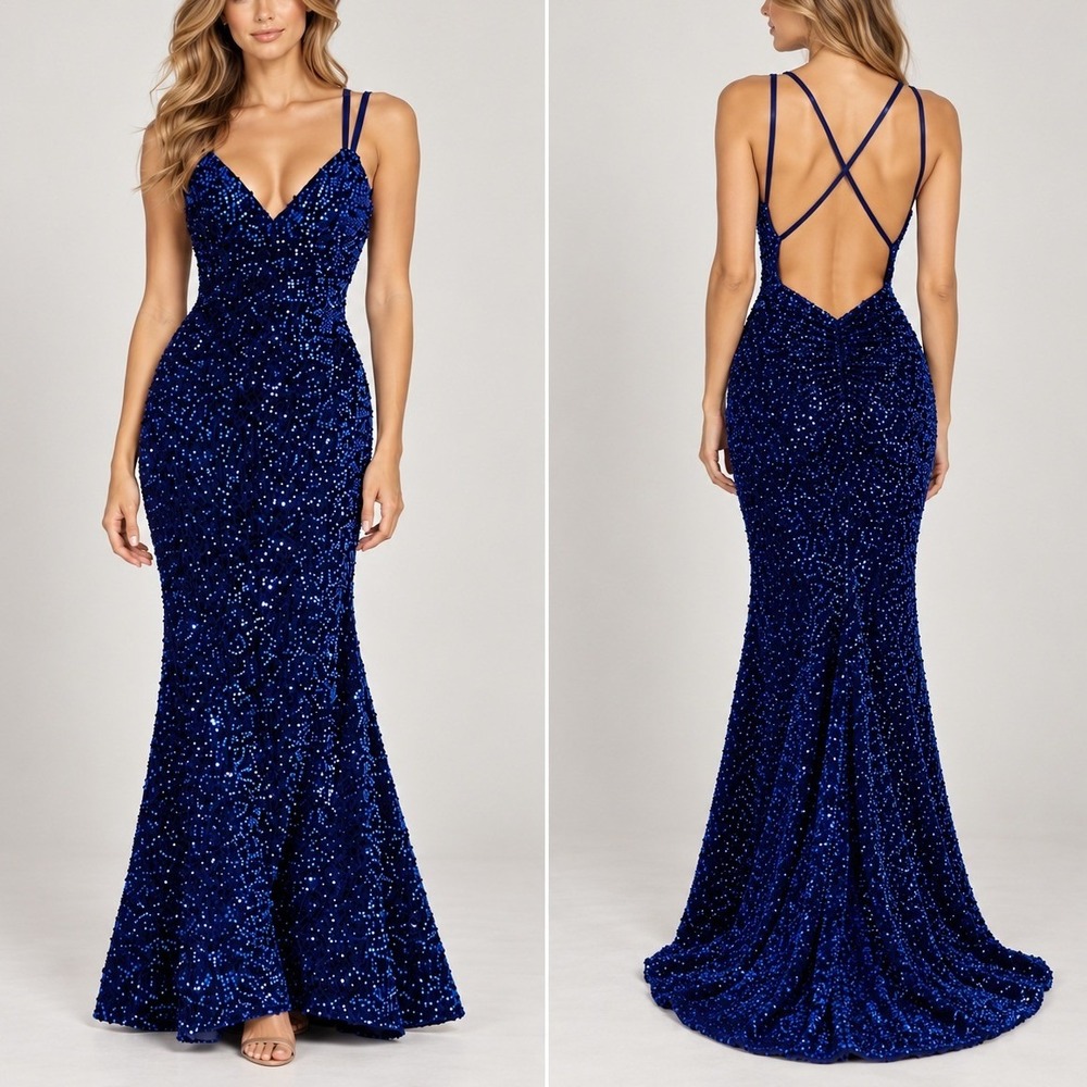Hebeos Velvet Sequin Gown 6 Royal Blue Mermaid Prom Dress Formal
